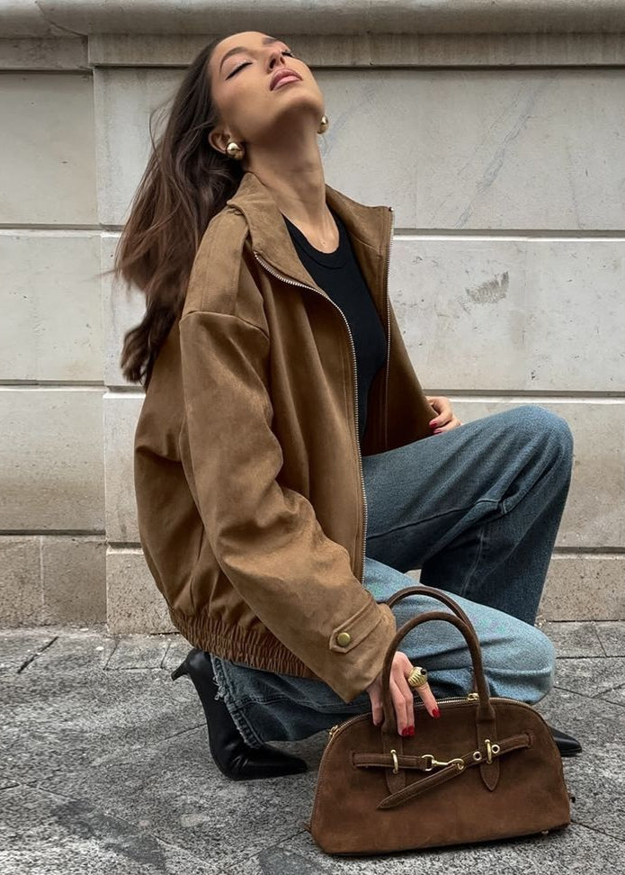 Sienna Faux Suede Bomber Jacket – Oversized Zip-Up with Drop Shoulders