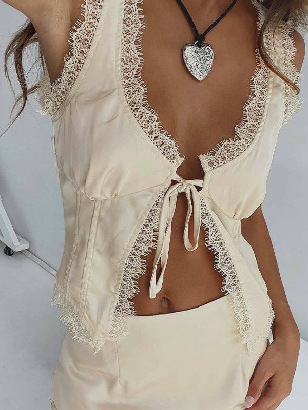 Lace Trim Splice Tie Front Tank Top