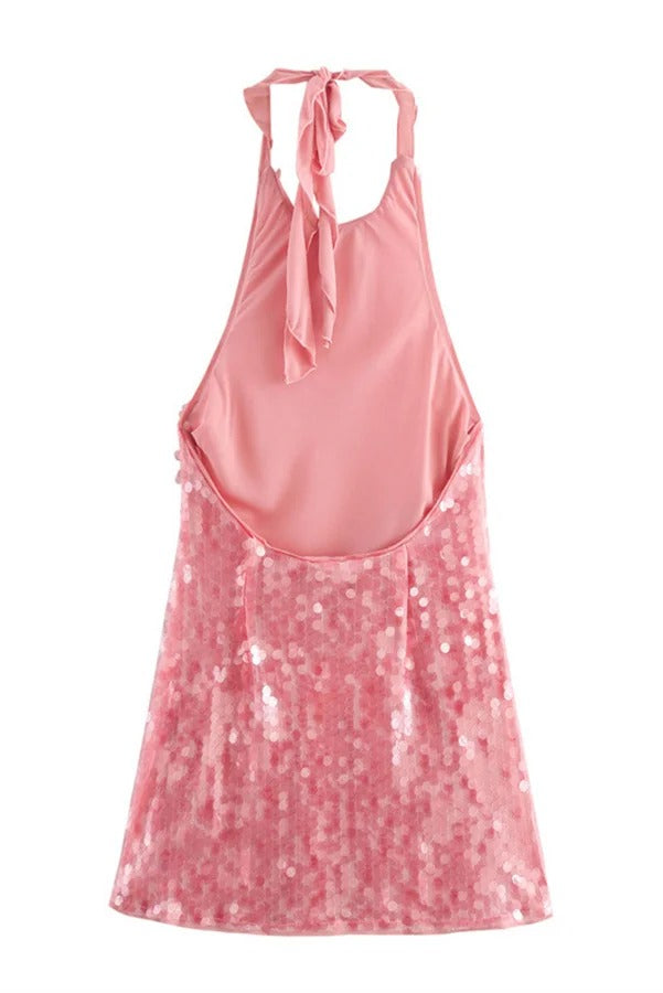 Disc Sequin Halter Mock Neck Ruched Side-Gather Bodycon Mini Dress