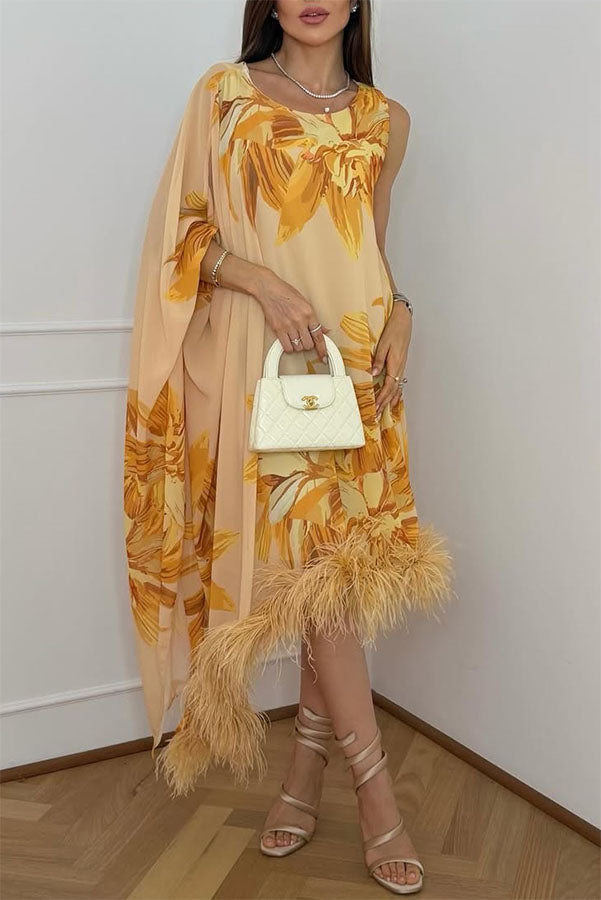 Nadia Chiffon Floral Print Asymmetrical Bell Sleeve Feather Trim Maxi Dress