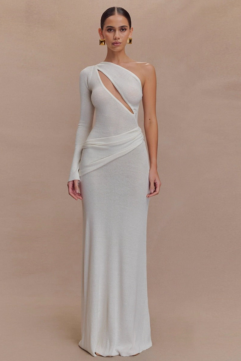 One Shoulder Long Sleeve Cutout Bodice Draped Waist Column Maxi Dress