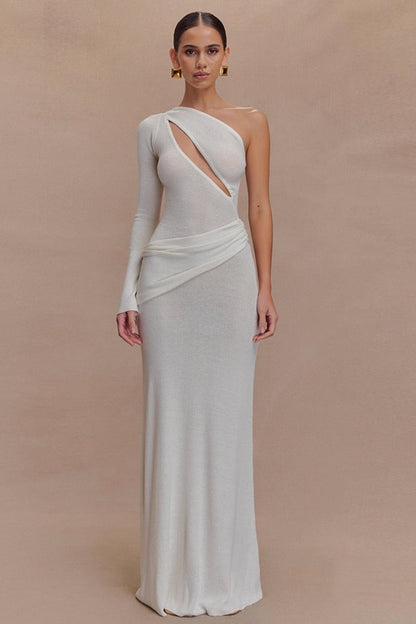 One Shoulder Long Sleeve Cutout Bodice Draped Waist Column Maxi Dress