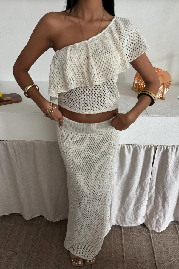 Solid Color One-shoulder Ruffled Openwork Top and Elastic Waist Holiday Knit Maxi Skirt Cover-up Set