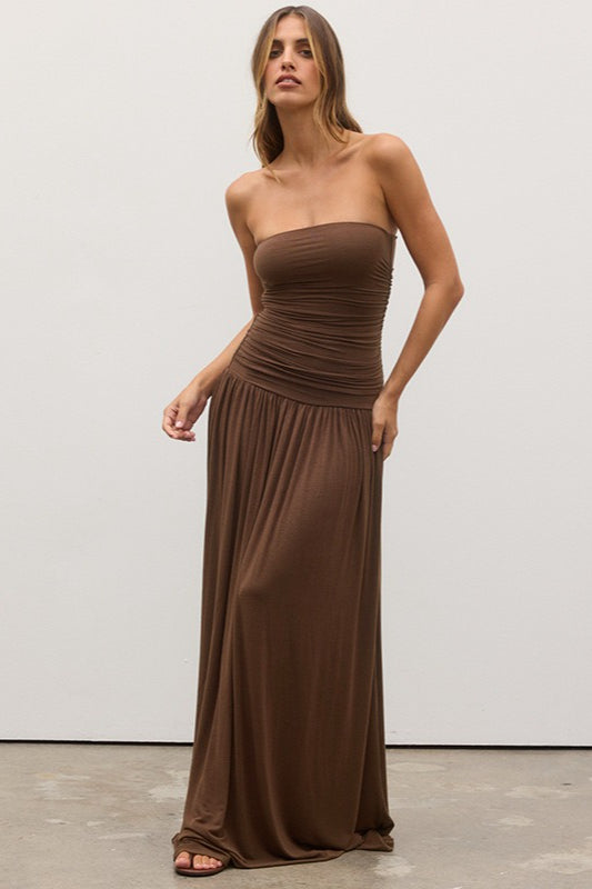 Strapless Ruched Bodice Dropped Waist Flowy Maxi Dress