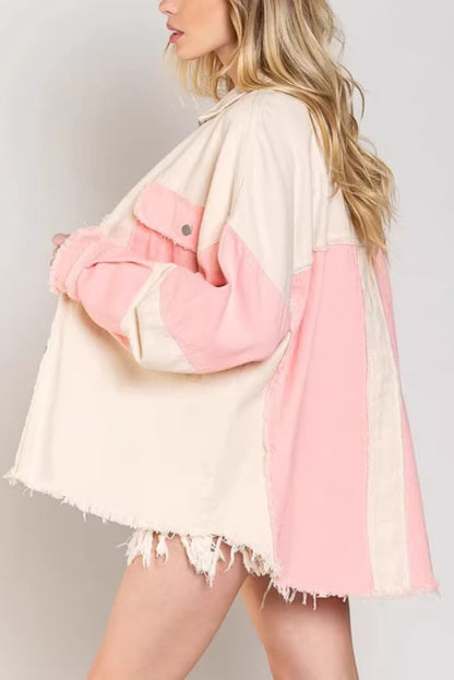 Stylish Color-blocked Lapel Long-sleeved Frayed Denim Jacket