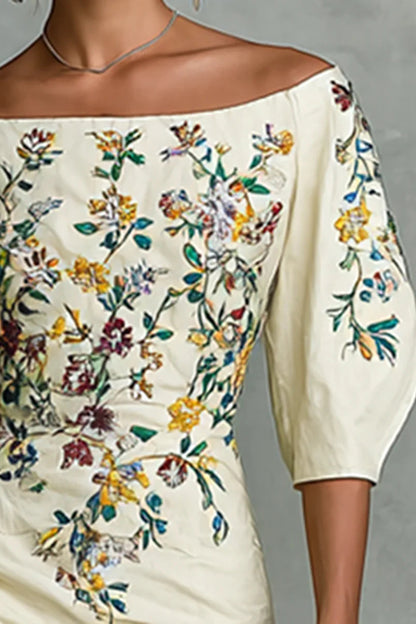 Floral Print Off-shoulder Puff Sleeve Fitted Midi Dress