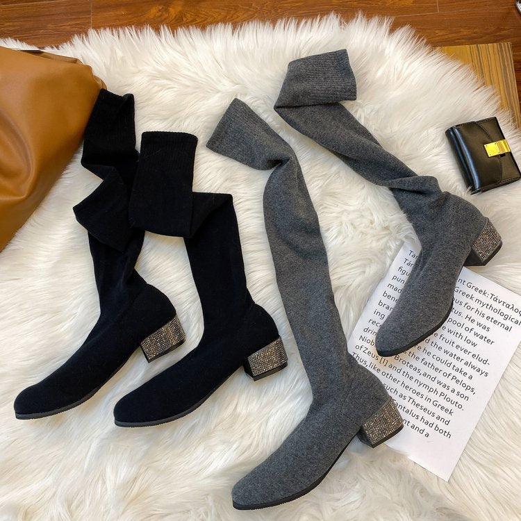 Womens Thigh High Stretch  Breathable Pointed Toe Rhinestone Thick Heel Knitting Sock Boots