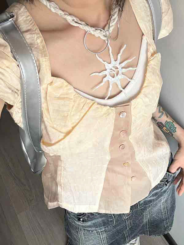 Retro Contrast Color Stitching Short Sleeves Shirts