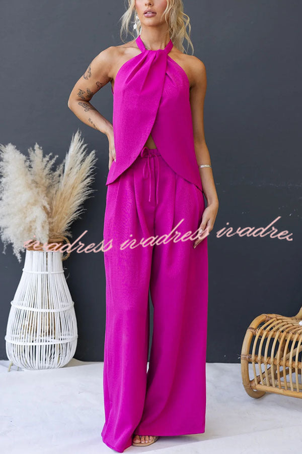 Gette Linen Blend Slit Front Top and High Rise Knoted Pocket Wide Leg Pants Set