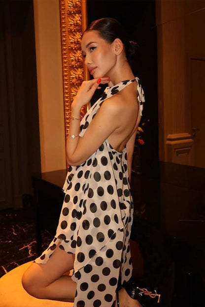 Polka Dot Print Halter Neck Tiered Ruffle Asymmetric Handkerchief Hem Maxi Dress