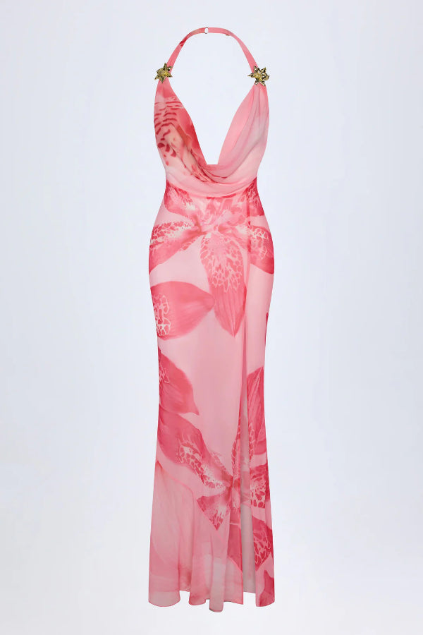 Unique Print Halter Neck Backless Sexy Slit Holiday Maxi Dress