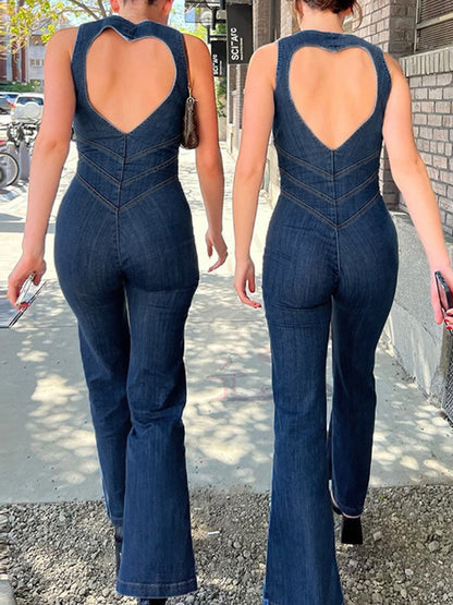 Backless Zip Up High Rise Denim Jumpsuits