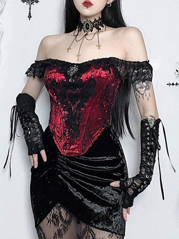 Vintage Lace Velvet Splice Irregular Hem Corset Top