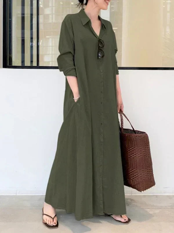 Oversized Button-Front Collared Long Sleeve Pocket Shirt Maxi Dress