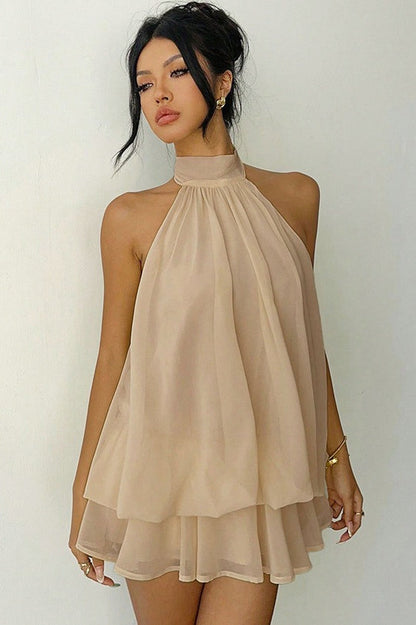 Halter Mock Neck Gathered Tiered Chiffon Flared Mini Dress