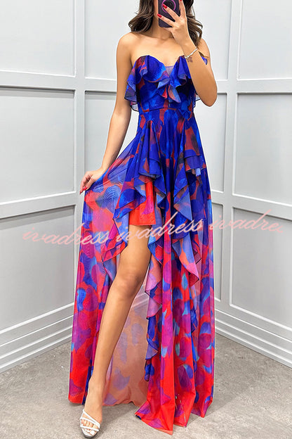 Loving Moment Gradient Unique Print Flowing Layered Ruffles Strapless Slit Maxi Dress
