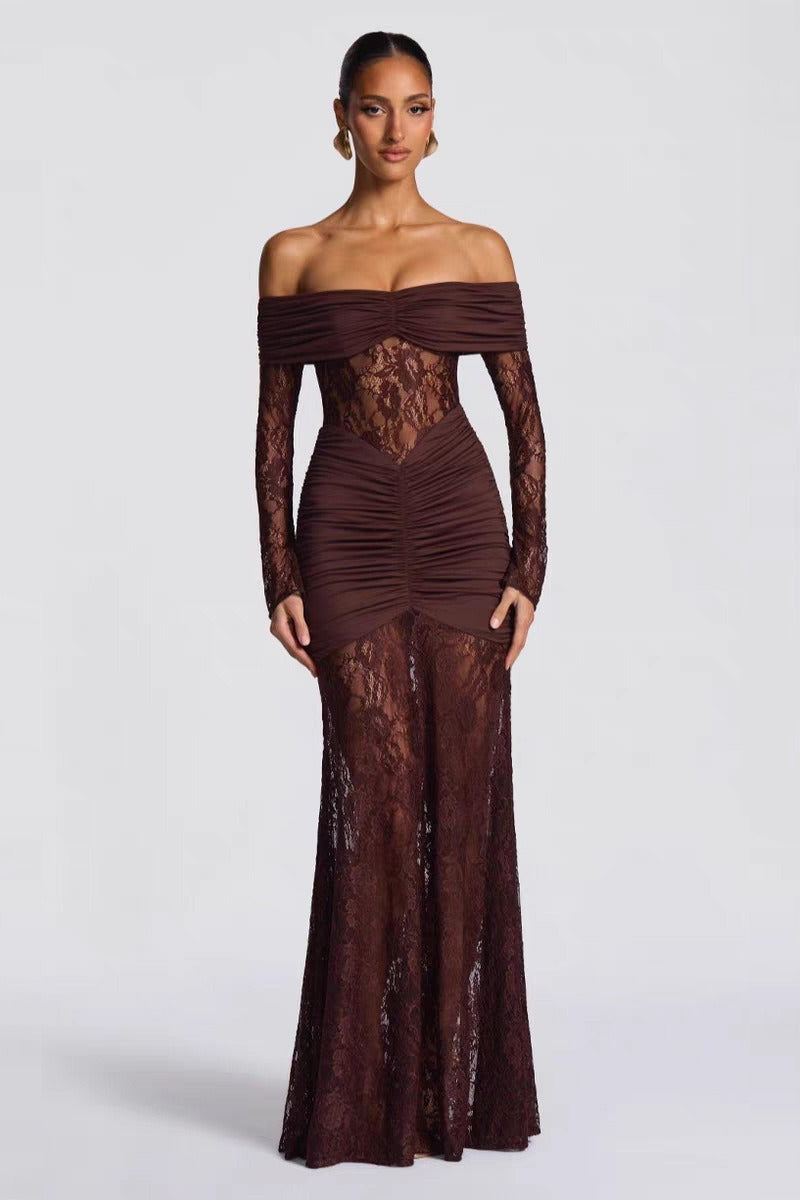 Lace Off Shoulder Ruched Bodice Floral Lace Long Sleeve Mermaid Gown