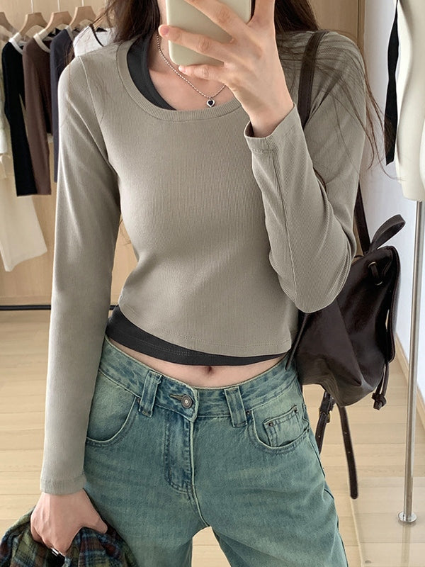 Contrast Color Fake Two Piece Long Sleeve Knit