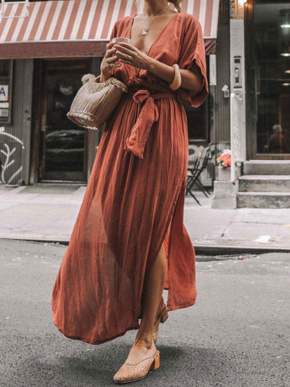 Deep V Neck Maxi Dress for Women - Boho Kimono Half Sleeve Belted Side Slit Kaftan Dress - Summer Beach Vacation 2026