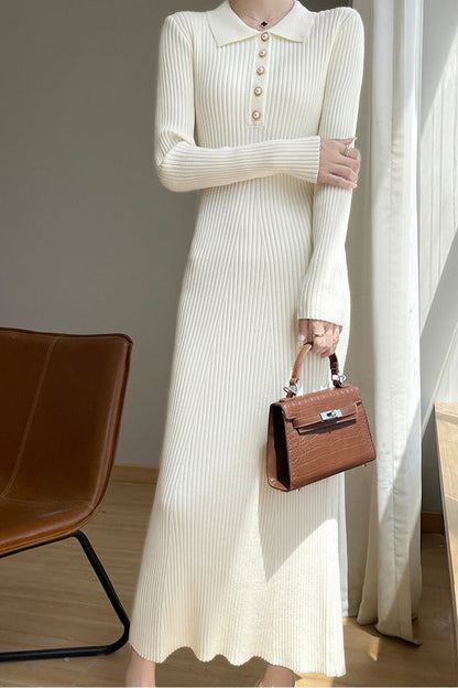Rib Knit Polo Collar Pearl Button Long Sleeve Maxi Sweater Dress