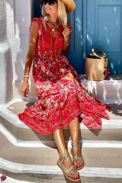 Boho Print V-Neck Ruffle Cap Sleeve Elastic Waist Tiered Maxi Dress