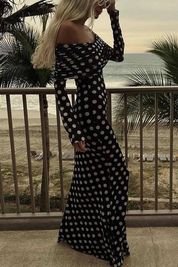 Polka Dot Off-the-Shoulder Ruched Long Sleeve Maxi Dress