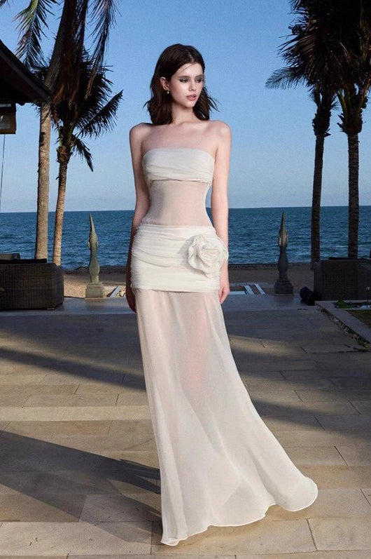 Strapless Ruched Mesh Panel 3D Floral Applique Layered Maxi Dress