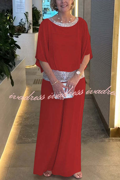 Stylish Sequin Patchwork Dolman Sleeve Top and Elastic Waist Wide Leg Pants Set