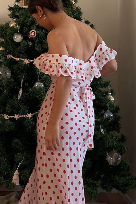Polka Dot Off-Shoulder Ruffle Neckline Fitted Waist Flowy Maxi Dress