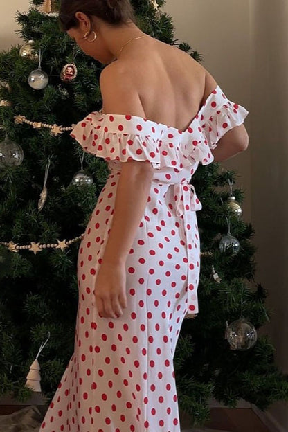 Polka Dot Off-Shoulder Ruffle Neckline Fitted Waist Flowy Maxi Dress