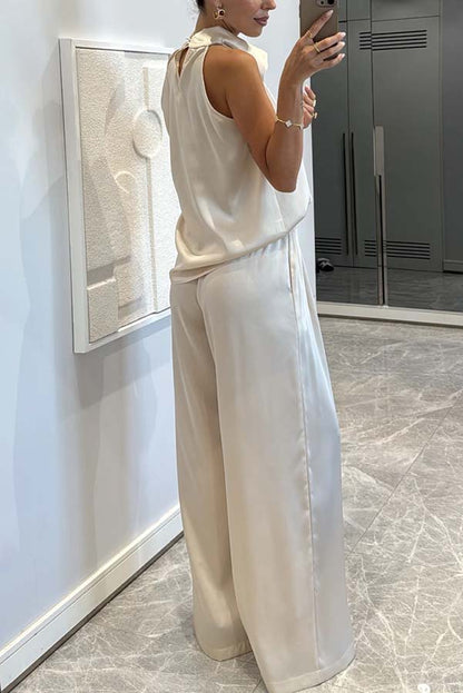 Classic on You Satin High Cowl Neck Top and Elastic Waist Pocket Loose Pants Set