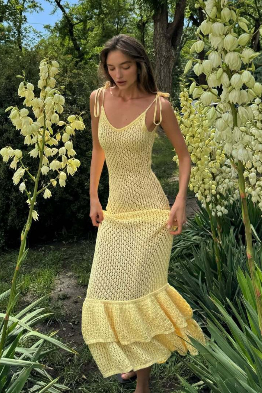 | Ruffle Knit Cutout Sheer Cami Maxi Dress