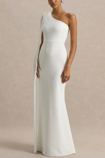 Solid Color Slanted Neckline Pleated Slim-fitting Elegant Maxi Dress