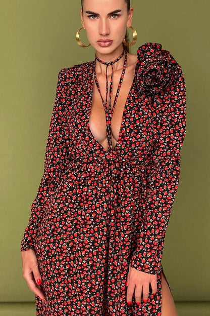 Micro Floral Print Tie-Front Deep V-Neck Side Slit Floral Applique Maxi Dress