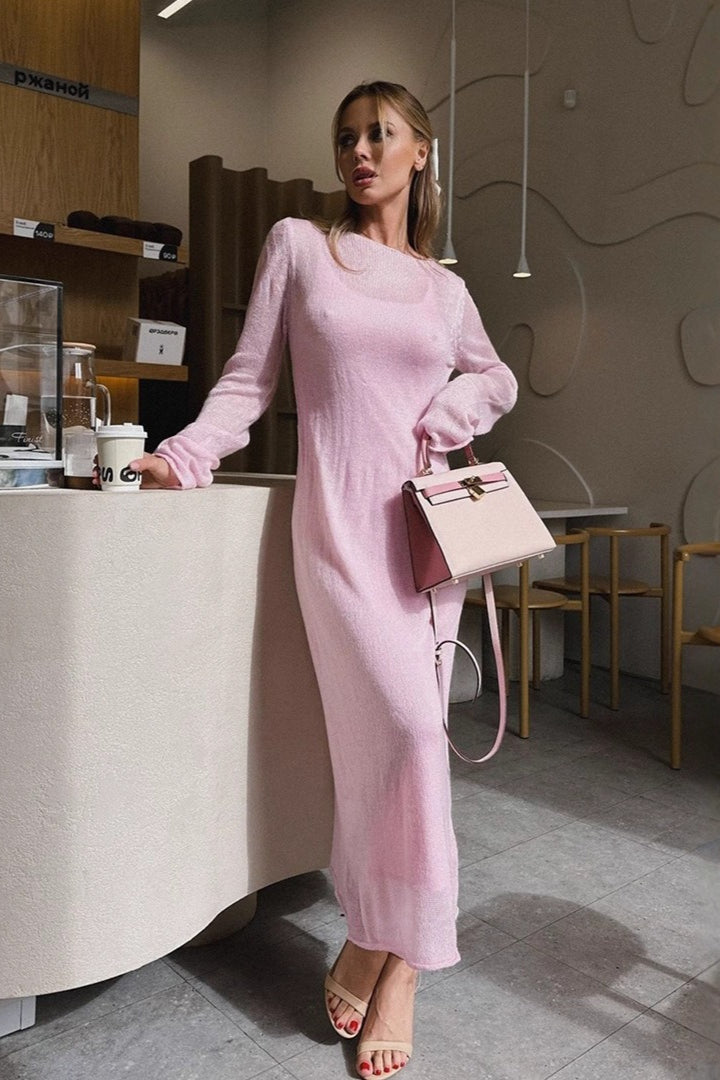 | Hollow Out Bodycon Knit Maxi Dress in Pink