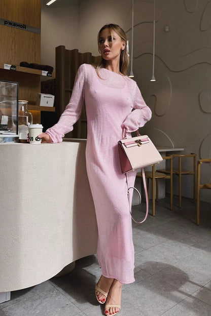 | Hollow Out Bodycon Knit Maxi Dress in Pink
