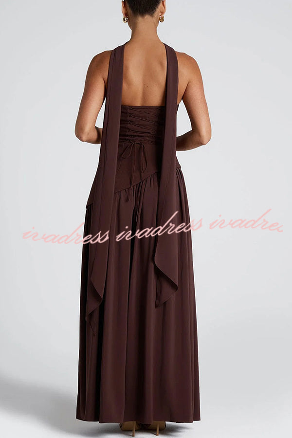 Elegant Off Shopulder Chiffon Pleated Hem Scarf Slit Maxi Dress