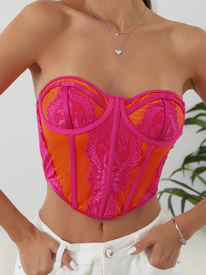Color Block Lace Splice Bandeau Corset Top