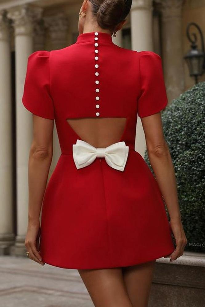 Mock Neck Button-Back Cutout Bow Detail Cap Sleeve Mini Dress