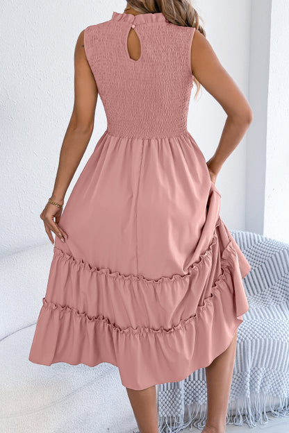Solid Color Sleeveless Tucked Patchwork Casual Midi Dress