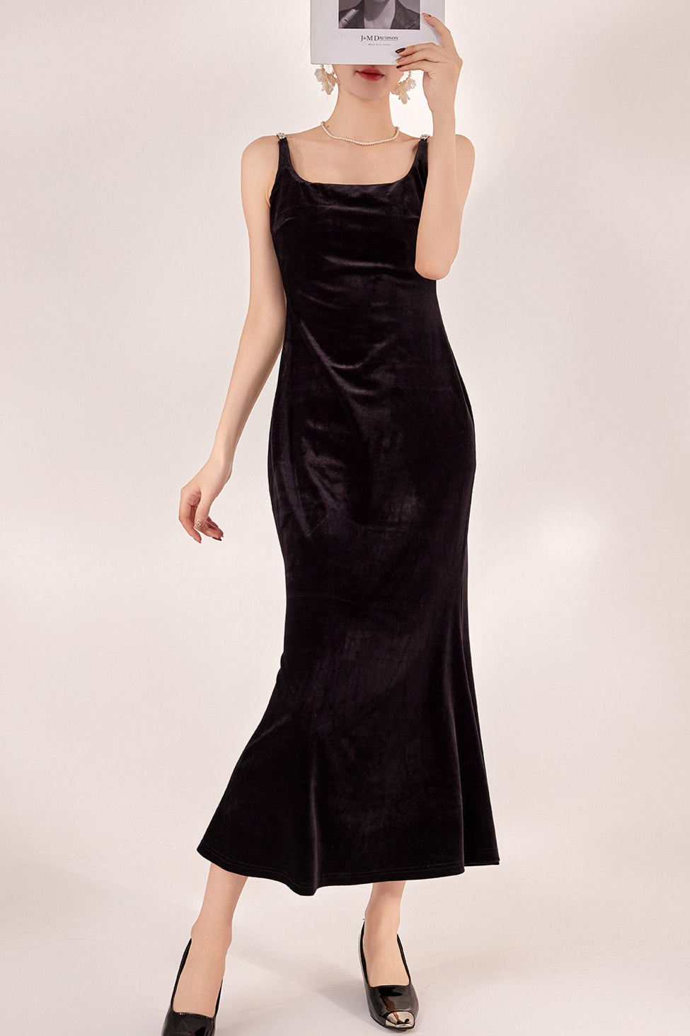 Square Neck Rhinestone Strap Velvet Mermaid Maxi Dress