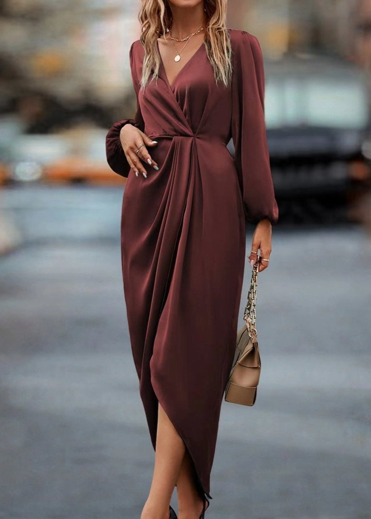 Wrap V-Neck Bishop Sleeve Twist-Waist Draped Midi Dress