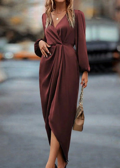 Wrap V-Neck Bishop Sleeve Twist-Waist Draped Midi Dress