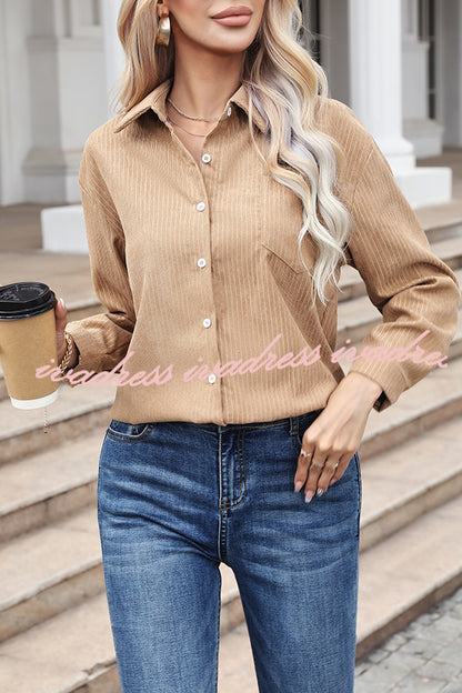 Tiko Miko Corduroy Button Down Long Sleeve Pocket Striped Shirt
