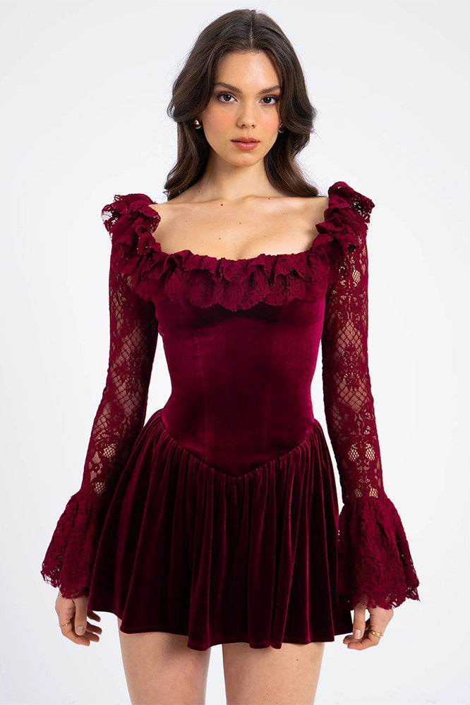 Velvet Lace Scoop Neck Ruffle Shoulder Bell Sleeve Mini Dress