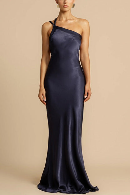 One-Shoulder Knotted Strap Side-Tie Satin Column Maxi Gown