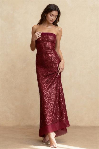 Elegant Bandeau Slim Split Backless Maxi Sequin Dress