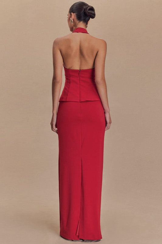 Square Neck Halter Peplum Top Column Maxi Skirt Set