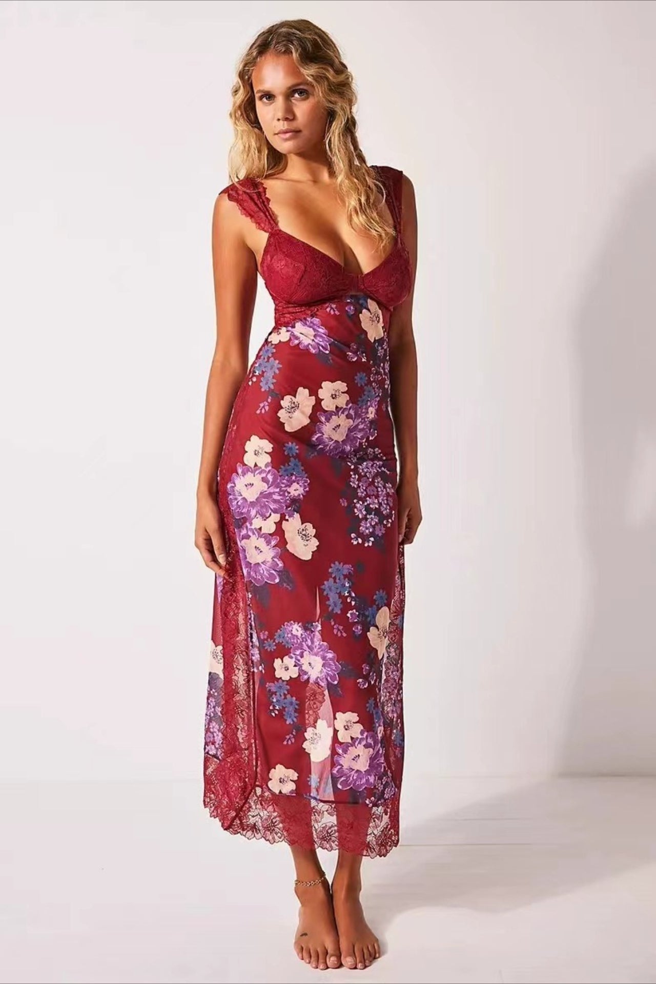 Lace Sweetheart Bodice Cut Out Flutter Sleeve Floral Print Slip Maxi Dress