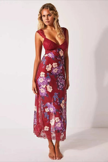 Lace Sweetheart Bodice Cut Out Flutter Sleeve Floral Print Slip Maxi Dress
